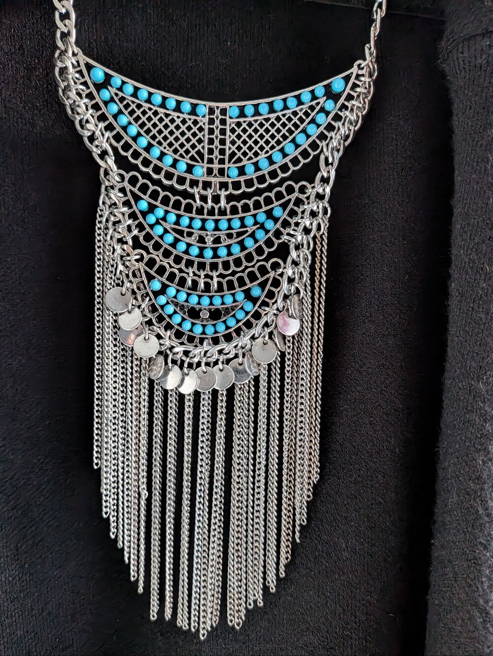 Silver-Tone Statement Necklace with Turquoise Blue Accents & Chain Fringe
